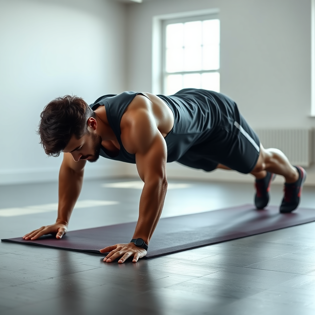A person performing a plank exercise, symbolizing core strength and stability. The environment is a bright, minimalist studio. Focus on proper form and muscle engagement. Style: Focused, determined. Technical Specs: 4K Resolution, Photorealistic.