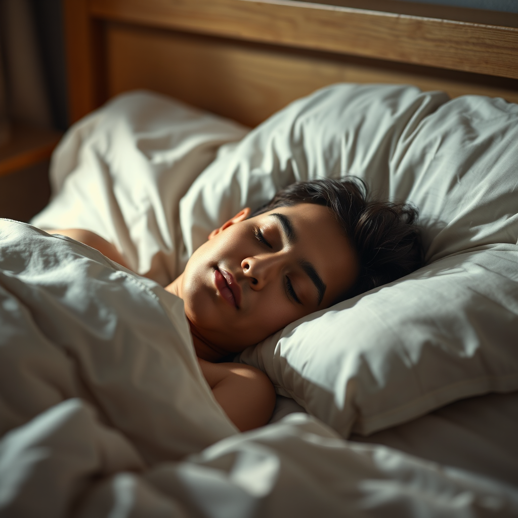 A person sleeping peacefully in a comfortable bed. The lighting is soft and warm, creating a sense of tranquility. Focus on details like the texture of the bedding and the expression on the person's face. Style: Calm, serene. Technical Specs: 4K Resolution, Photorealistic.