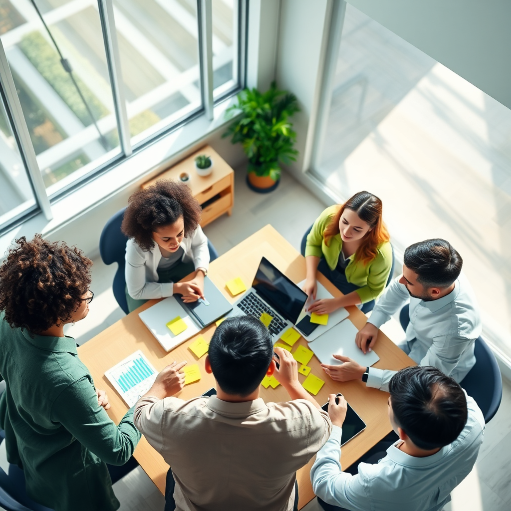 A photorealistic image representing the essence of Eric Ogi Digital's mission. The subject matter includes a diverse group of professionals collaborating around a digital workspace with brainstorming tools like sticky notes and laptops. The composition is bright and airy, with natural light streaming in. The color palette incorporates vibrant greens and electric blues, symbolizing creativity and innovation. The camera angle captures an overhead view of teamwork in action. Textures in the image emphasize a high-tech atmosphere. Technical specs: 4K resolution, high quality.