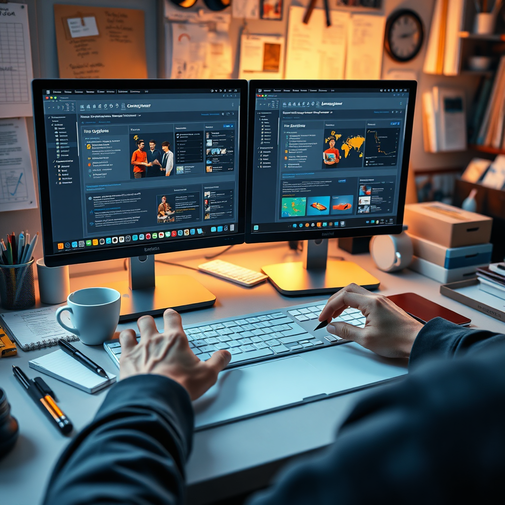 A photorealistic representation of a workspace filled with organized tools and technology. The environment features a dual-monitor setup displaying project management software, with notes and coffee in the background. The lighting is warm, highlighting the productivity of the scene. The composition includes a close-up of hands actively engaged with the technology, conveying a sense of accomplishment and efficiency. The color palette is calming, utilizing greys and blues to create a focus-enhancing atmosphere.