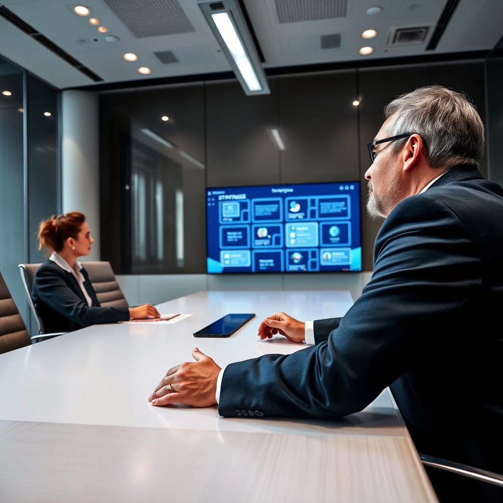 A professional consultant engaged in a discussion with a client in a modern conference room. The environment is sleek with a large table and digital screens displaying strategies. The lighting is bright and natural, enhancing focus. The camera angle illustrates interaction, showcasing both participants and their engaged expressions. Textures of the room's furnishings complete the professional atmosphere.