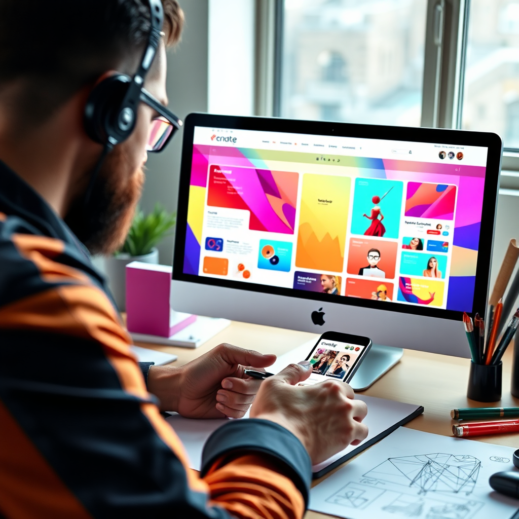 A stylish and dynamic image showcasing a website interface design on a desktop and mobile device. This visual combines bright colors and interactive elements. The composition highlights a tech-savvy designer at work, surrounded by design tools and sketches. The camera angle focuses on the screens displaying vibrant layouts, embodying an innovative and user-friendly experience. The lighting is bright to enhance the digital atmosphere, with textures reflecting a modern design aesthetic.