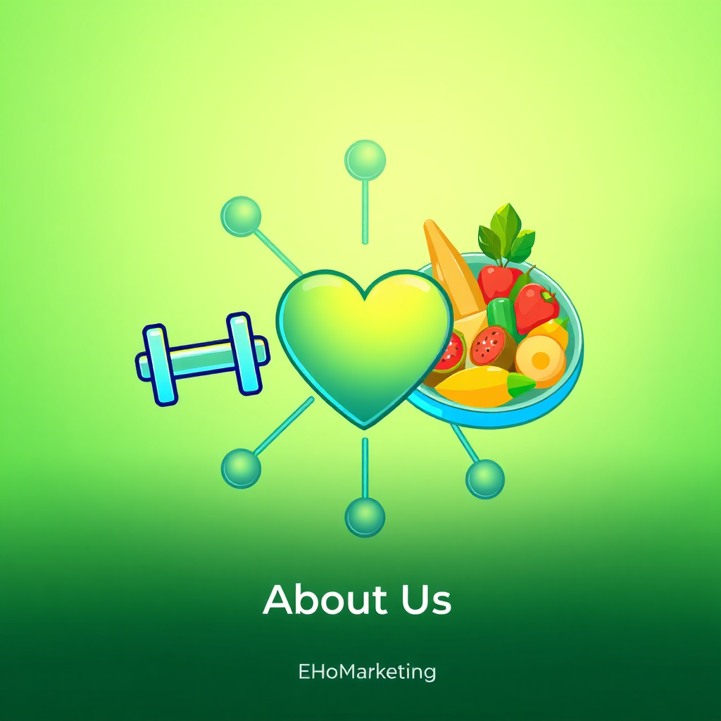 A stylized image for the 'About Us' section of EHO Marketing. The image features interconnected icons representing health, fitness, and diet: a heart, a dumbbell, and a plate of colorful fruits and vegetables. These icons are arranged in a circular pattern, symbolizing wholeness and balance. The color palette is bright and inviting, using shades of green, blue, and yellow. The lighting is soft and diffused, creating a sense of calm and trustworthiness. The camera angle is a medium shot, focusing on the interconnectedness of the icons. The style is clean and modern, with a minimalist aesthetic. Technical specs: 4K resolution, high-quality vector graphics, with subtle gradients and shadows to add depth.