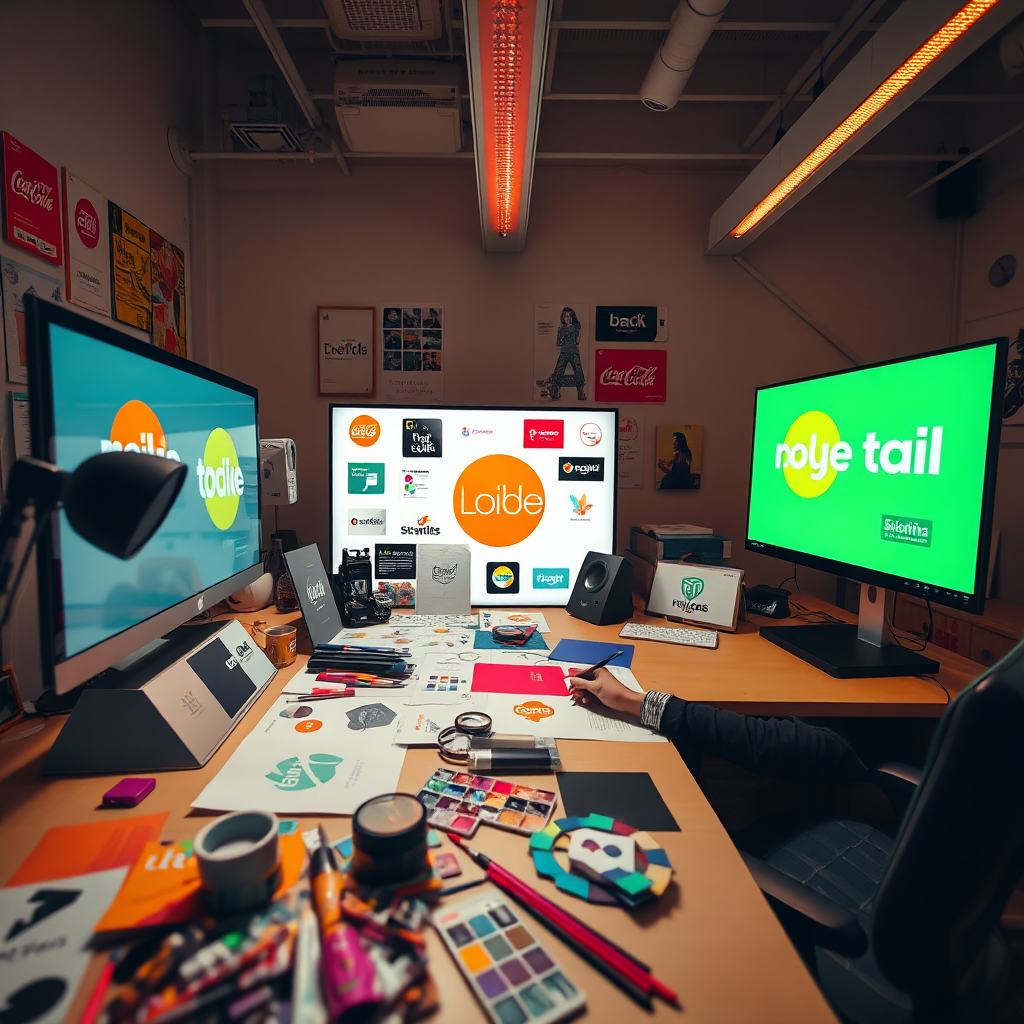 A vibrant image showing brand developers at work, crafting logos and brand materials. The desk is filled with design mockups and vibrant color swatches. The lighting is bright, promoting a creative ambiance. The camera angle captures the excitement of brainstorming as ideas come to life. Textures from art supplies and digital screens add depth to the scene, emphasizing the process of identity creation.