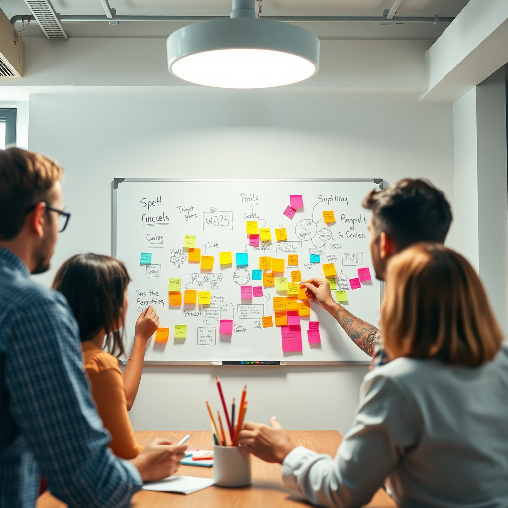 A vivid, high-quality image depicting an engaging brainstorming session among a team of creators. The composition features a whiteboard filled with colorful sticky notes and diagrams. Bright overhead lighting illuminates their collaborative effort, while the use of natural light from a window brings a welcoming atmosphere. The setting is a modern office space, showcasing a blend of creativity and professionalism. Textures enrich the visual experience, framing the dynamic interaction.