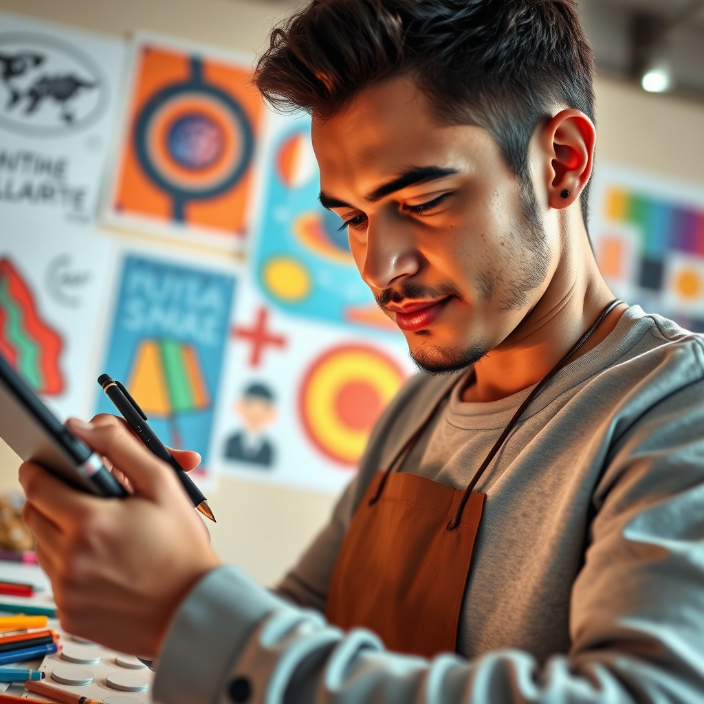 An engaging image of a digital artist creating engaging content on a tablet. The background features vibrant visual elements like graphics and color swatches, emphasizing creativity. The lighting is soft, casting a warm glow on the artist's focused expression. The camera angle captures an over-the-shoulder view, showcasing the colorful designs and sketches taking shape. Textures highlight the artistic materials around, enhancing the authenticity of the creative process.