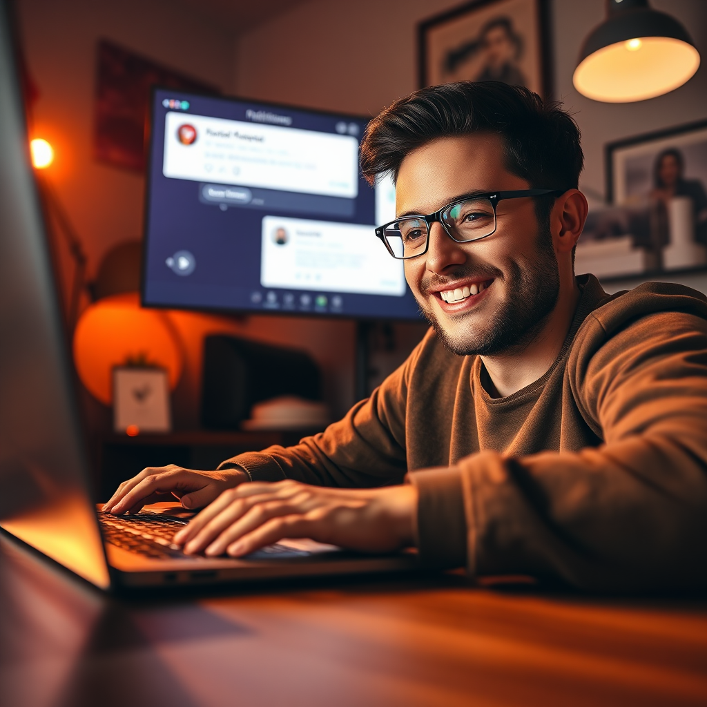 An eye-catching image illustrating an individual engaging with followers on social media platforms on a laptop. The background displays notifications and engagement metrics prominently. Warm, inviting lighting creates an intimate workspace atmosphere, focusing on the person's expressions of satisfaction with their audience interactions. The camera angle captures an engaging moment, highlighting the keyboard's and screen's textures, enhancing a sense of connection.