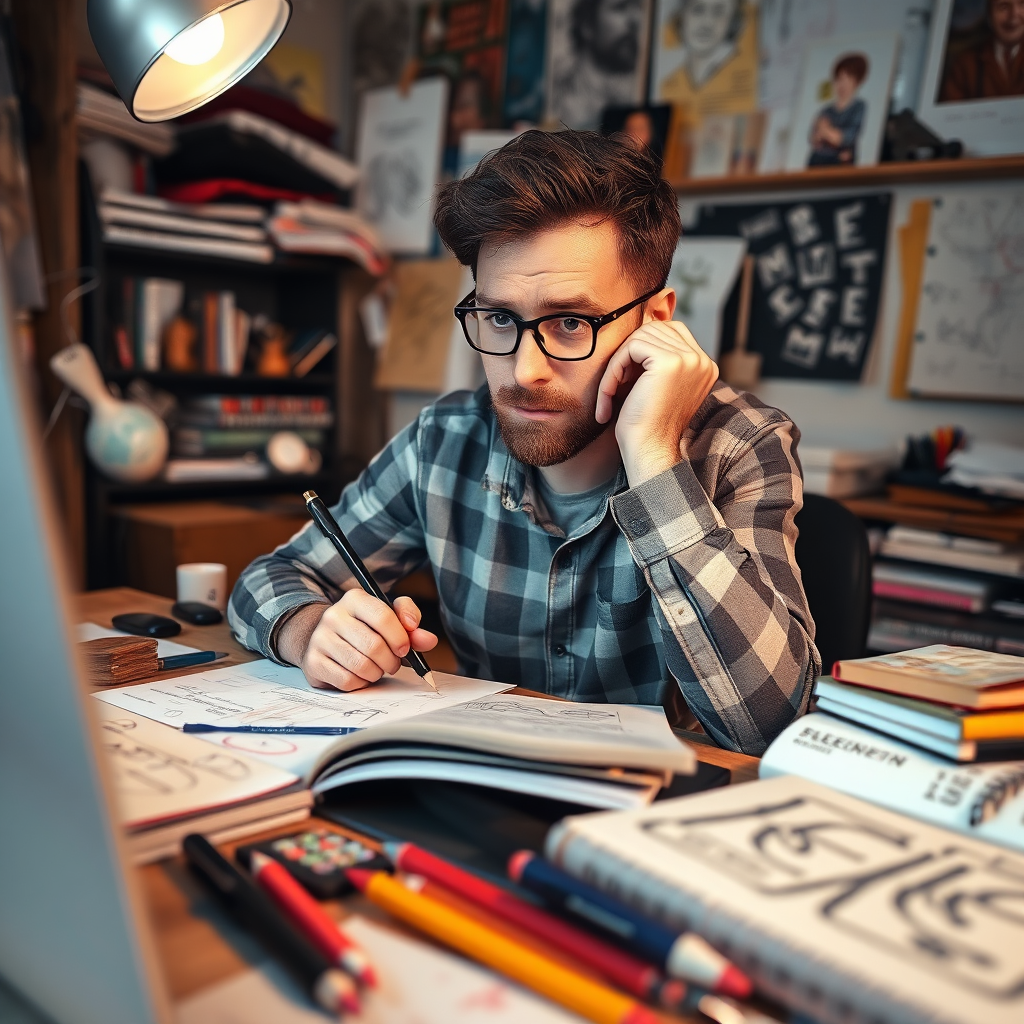 An inspiring visual of a content creator brainstorming ideas at a desk cluttered with notes and sketchbooks. The cozy lighting fosters a creative vibe, while the camera angle captures the creator's thoughtful expression. The background showcases digital tools and references that enhance the scene’s authenticity, with vibrant textures of artistic materials.
