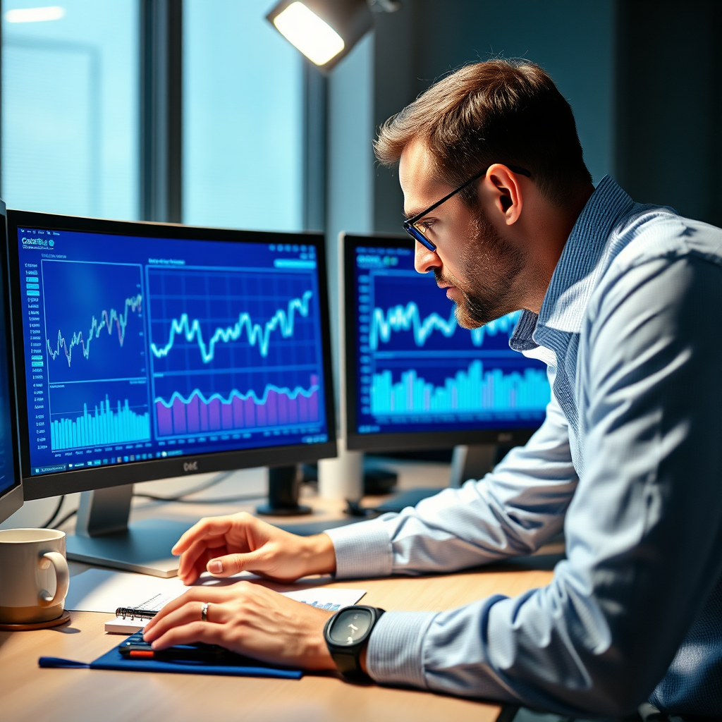 An instructive image that portrays a data analyst reviewing graphs and charts on dual monitors. The image focuses on the screens that exhibit fluctuating data patterns in a bright blue interface. The workspace has strategic lighting that emphasizes clarity and focus, with details like notepads and coffee mugs creating a relatable environment. The camera angle highlights the expert's concentration, encapsulating a moment of insight and decision-making.