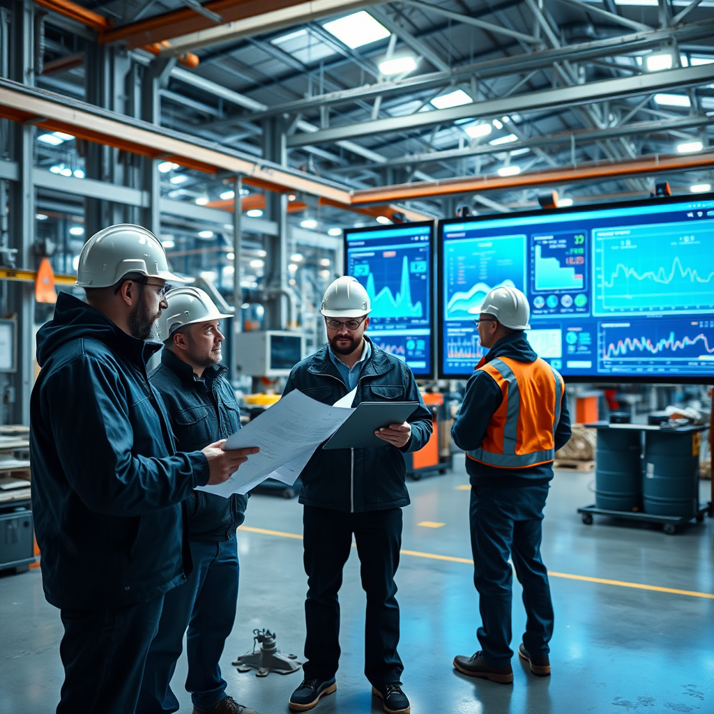 Industrial team analyzing plans