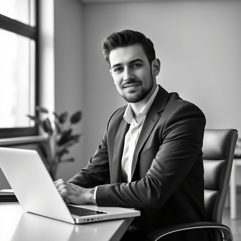 Monochrome portrait-style image of a calm SaaS operator in a modern office setting