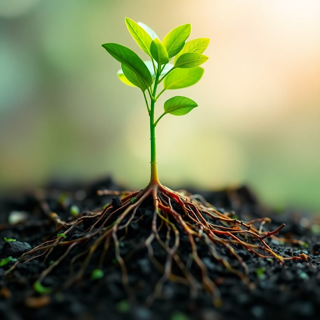A dynamic image symbolizing value creation. The image should feature a growing plant with roots extending deep into the ground and branches reaching towards the sky. Use vibrant colors and a soft, diffused light. Technical specs: 4K, high resolution, macro photography.