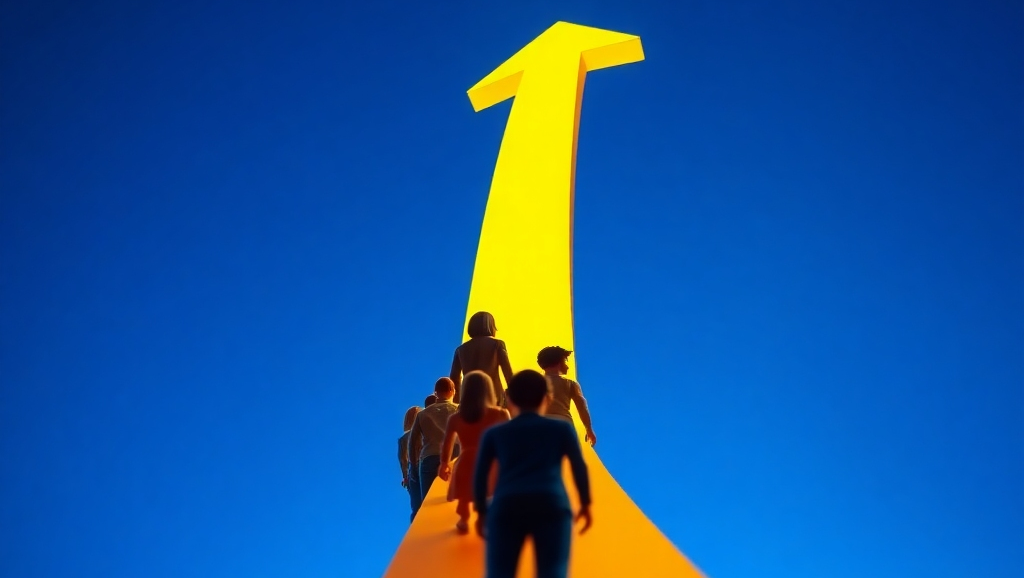A stylized image, 4K resolution, showcasing a single, strong, upward-pointing arrow composed of diverse human figures forming a cohesive group. The lighting should be vibrant and dynamic, with a bright, positive energy. The color palette should be bold and inspiring, possibly using a gradient from deep blues to bright yellows, symbolizing growth and potential. The camera angle should be low, looking up at the arrow, emphasizing the upward trajectory. The texture of the image should be smooth but with subtle variations in the human figures representing individuality within a unified team. The overall style should evoke ambition, progress, and unity. The image should be high quality and visually striking, conveying the Academy's mission effectively.