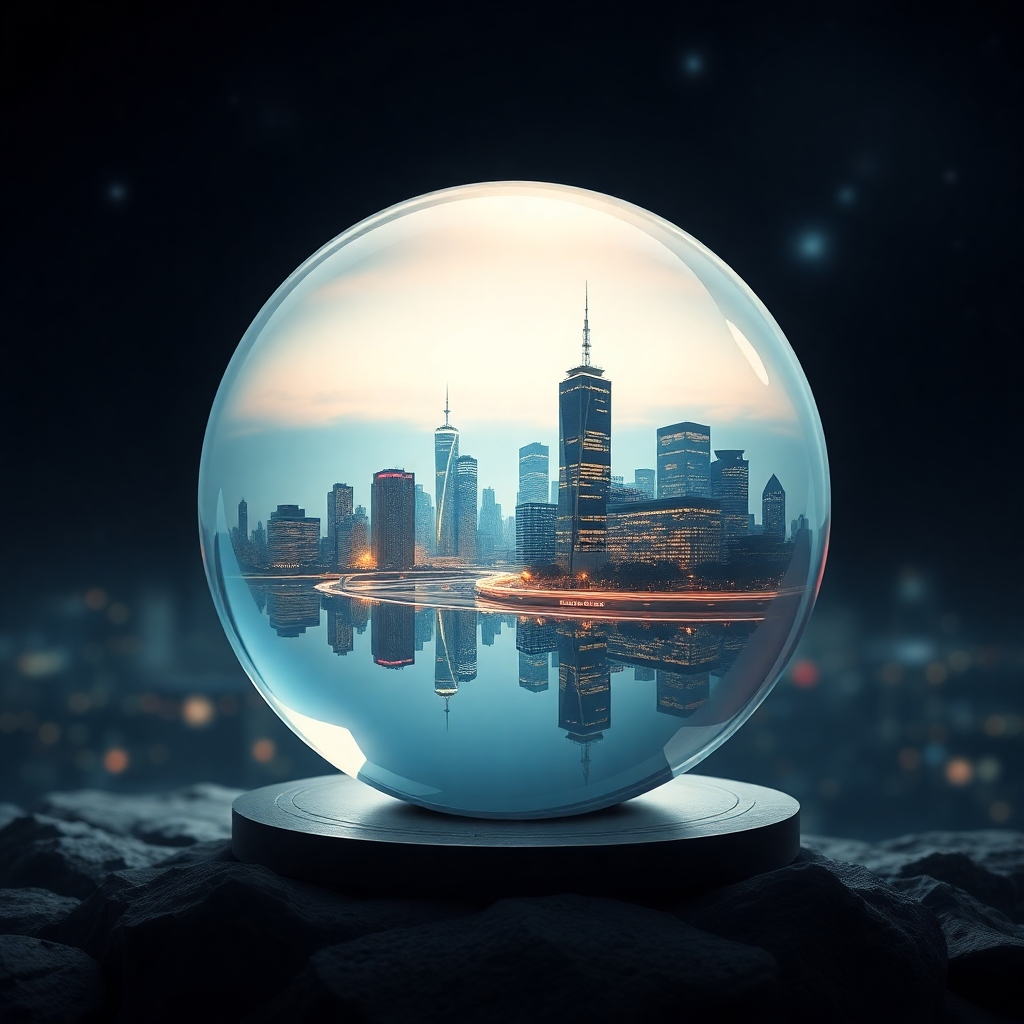 Create a photorealistic image representing governance trends. The image should feature a crystal ball reflecting a futuristic cityscape, symbolizing foresight and adaptability. The background should be a dark, starry night. Technical Specs: 4K, high resolution, surreal.