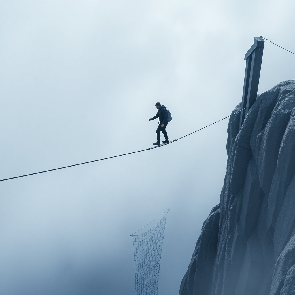 Create a photorealistic image depicting risk management. The image should show a tightrope walker balancing over a chasm, with a safety net subtly visible below. The scene should be set during a foggy morning, symbolizing uncertainty. Style: Dramatic, realistic. Technical Specs: 4K, high resolution, cinematic lighting.