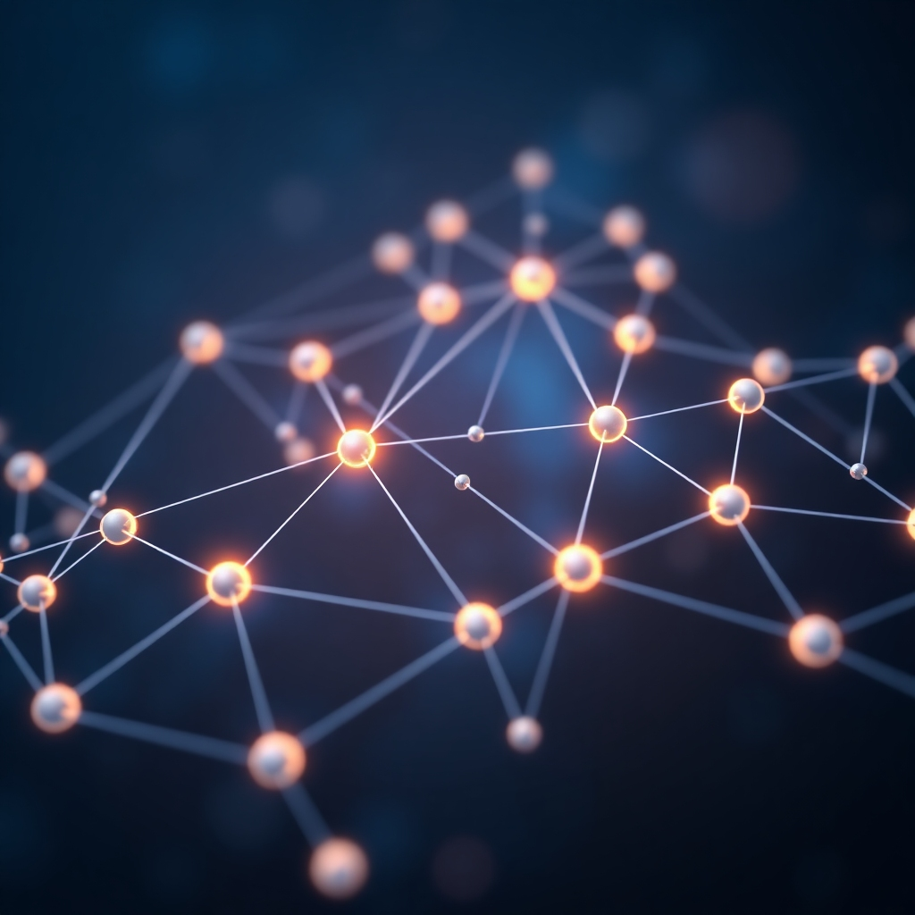 Create a photorealistic image representing the core values of "Tag Bizz Sutra", an Independent Directors Discussion Forum. The image should feature interconnected nodes forming a network, with each node representing an independent director. These nodes should be glowing and interconnected via beams of light, symbolizing the exchange of ideas and knowledge. The background should be a deep, rich blue, representing stability and trust. The composition should emphasize the strength and resilience of the network. Use subtle bokeh effects to create depth and visual interest. The image should evoke a sense of collaboration, expertise, and forward-thinking leadership. Style reference: a blend of abstract network visualization and corporate imagery. Technical specs: 4K resolution, high quality, detailed textures.