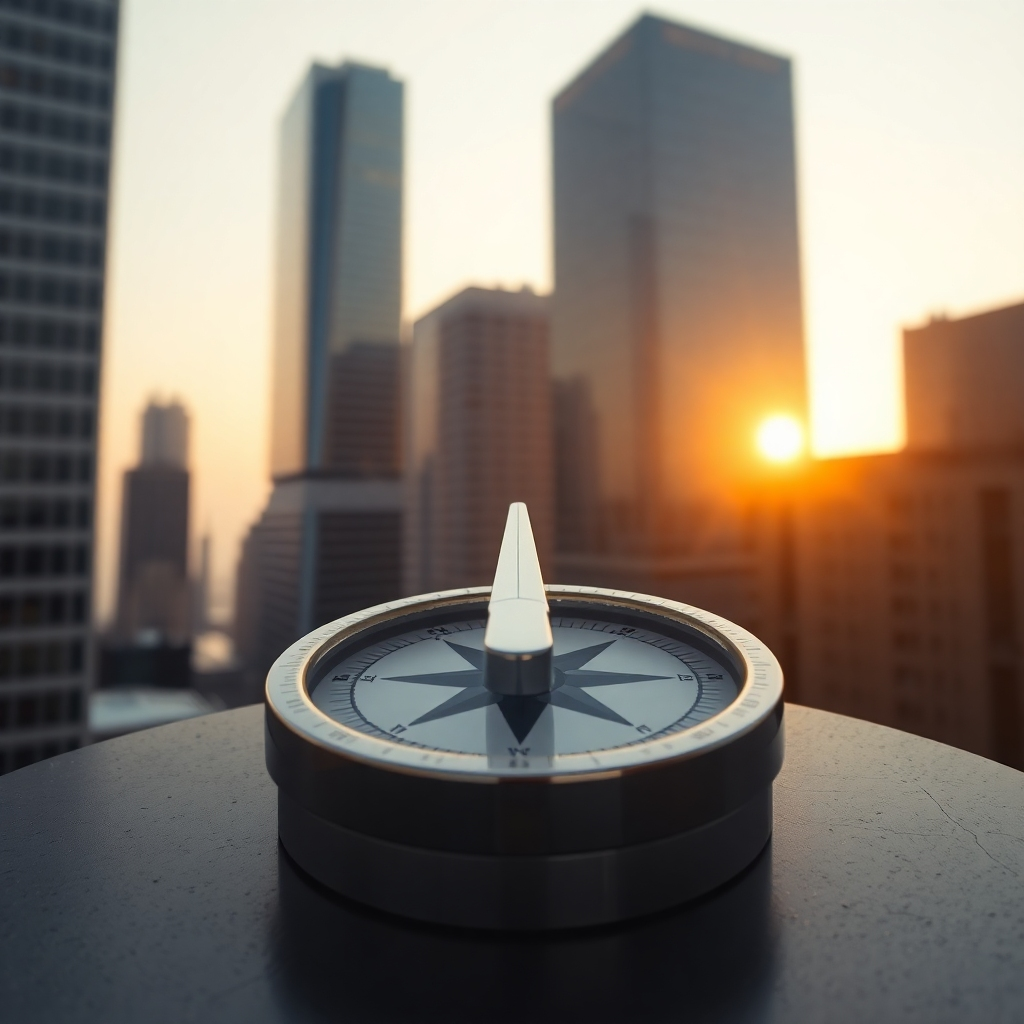 Create a photorealistic image representing ethical leadership. The image should feature a compass pointing north, symbolizing moral direction. The compass should be set against a backdrop of a corporate skyscraper at sunrise. Use golden hour lighting to convey hope and guidance. Style: Modern, minimalist. Technical Specs: 4K, high resolution, professional grade.