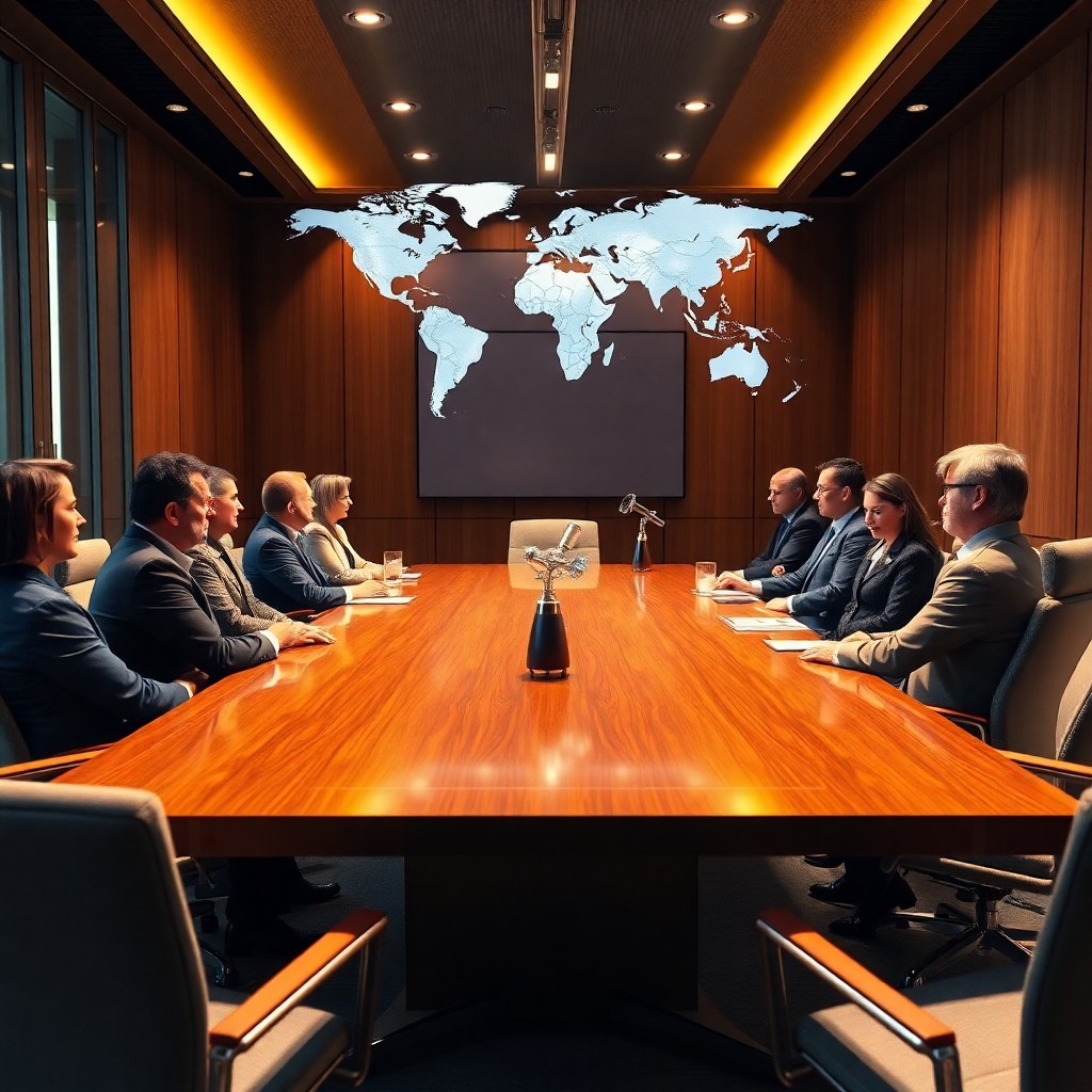 Create a photorealistic, ultra-high-quality hero image for "Tag Bizz Sutra," an Independent Directors Discussion Forum. The image should feature a modern, brightly lit boardroom with a diverse group of directors engaged in a lively discussion. The table is made of polished wood, reflecting the light, and is surrounded by comfortable, ergonomic chairs. Include subtle visual cues indicating global connectivity, such as holographic projections of world maps or financial data streams. The focus should be on capturing the dynamism and collaborative spirit of the forum. Use warm, inviting lighting to create a sense of trust and transparency. Camera angle should be slightly elevated, providing a clear view of the table and the individuals involved. Pay close attention to texture details: the fabric of the chairs, the smoothness of the table, the sharpness of the projected images. This image should evoke a sense of professionalism, innovation, and impactful decision-making. Style reference: a blend of contemporary corporate photography and futuristic elements. Technical specs: 8K resolution, hyperrealistic, professional color grading.