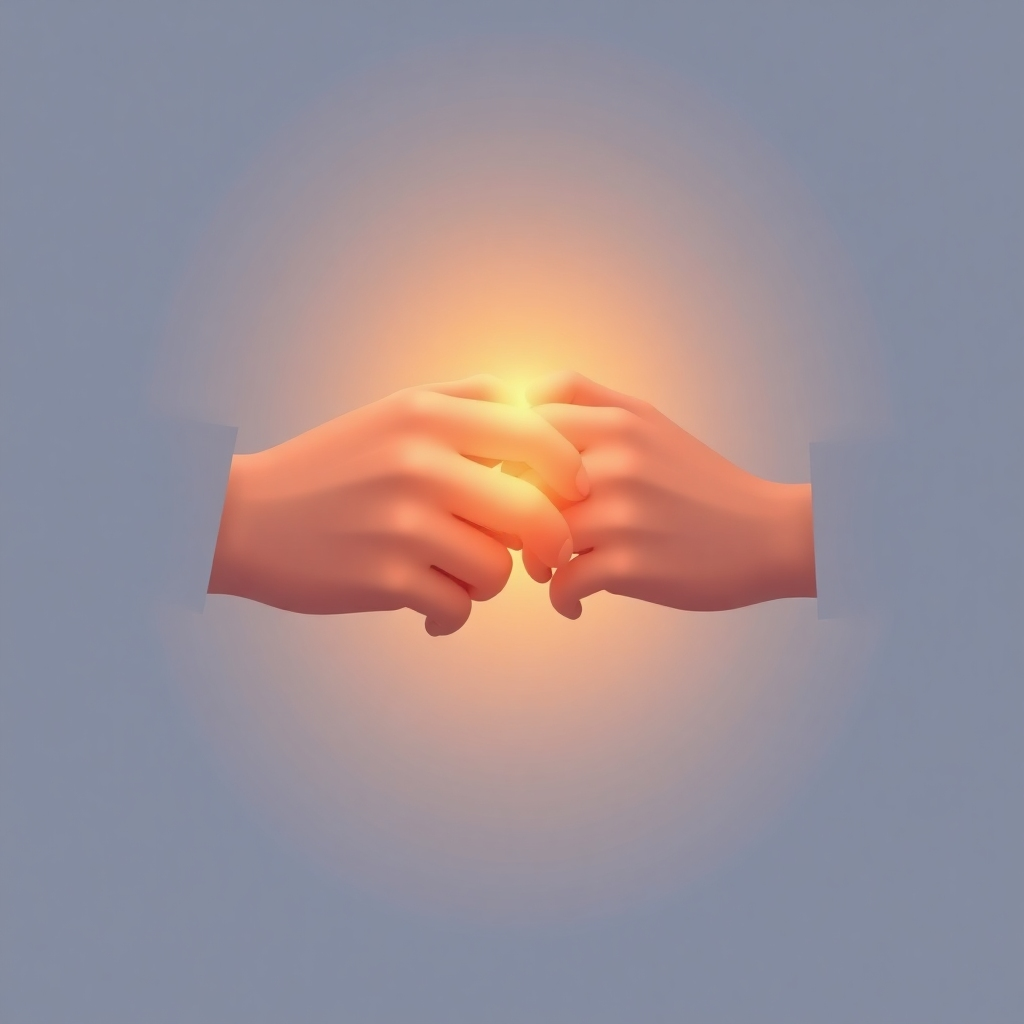 Create a stylized image showcasing peer-to-peer learning. The image should feature two hands clasped together, with light emanating from the point of contact, symbolizing the transfer of knowledge. Use a soft, warm color palette. Style: Minimalist, symbolic. Technical Specs: 4K, high resolution, abstract.