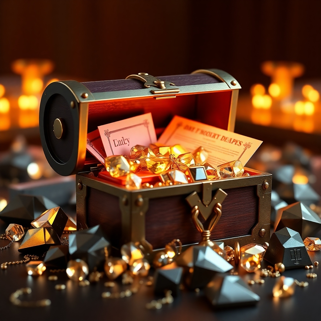 Create a visual metaphor representing exclusive resources. The image should show a treasure chest filled with gleaming jewels and valuable documents. The chest should be partially open, revealing its contents. Use dramatic lighting to highlight the richness and value. Technical specs: 4K, high resolution, 3D rendering.