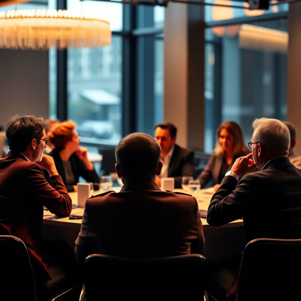Create an image representing expert forums. The image should feature a group of people seated around a table, listening intently to a speaker. Use warm lighting and a shallow depth of field to create a sense of intimacy. Technical specs: 4K, high resolution, professional photography.