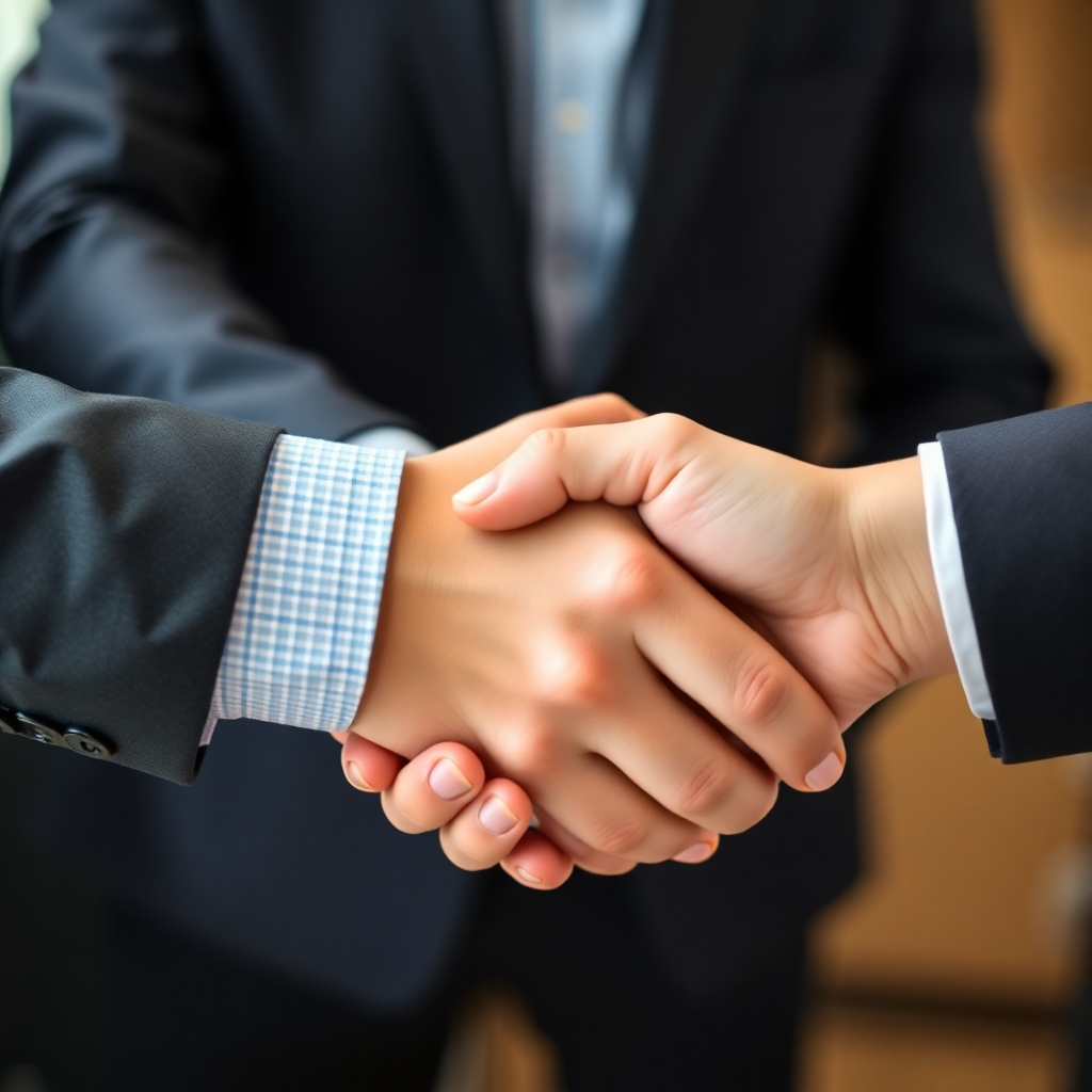 Create an image symbolizing exclusive networking. The image should show a close-up of several hands shaking, with each hand representing a different industry sector. Use a shallow depth of field to focus on the hands. Technical specs: 4K, high resolution, stock photo.