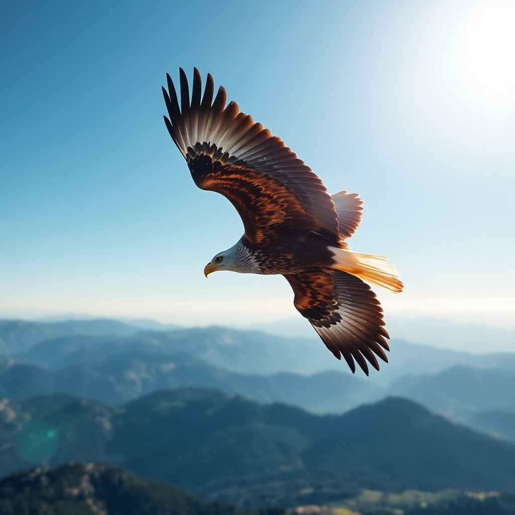 Create an image symbolizing strategic oversight. A high-resolution image of an eagle soaring above a mountain range, with a panoramic view of the landscape below. The light is bright and clear. Technical specs: 4K, high resolution, nature photography.