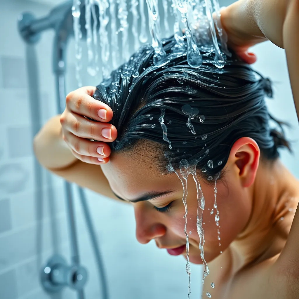 A close-up photograph of a person washing their hair in the shower, hair being rinsed with clear water, hands massaging the scalp gently. The bathroom background is clean and modern, with shiny tiles and chrome fixtures.
