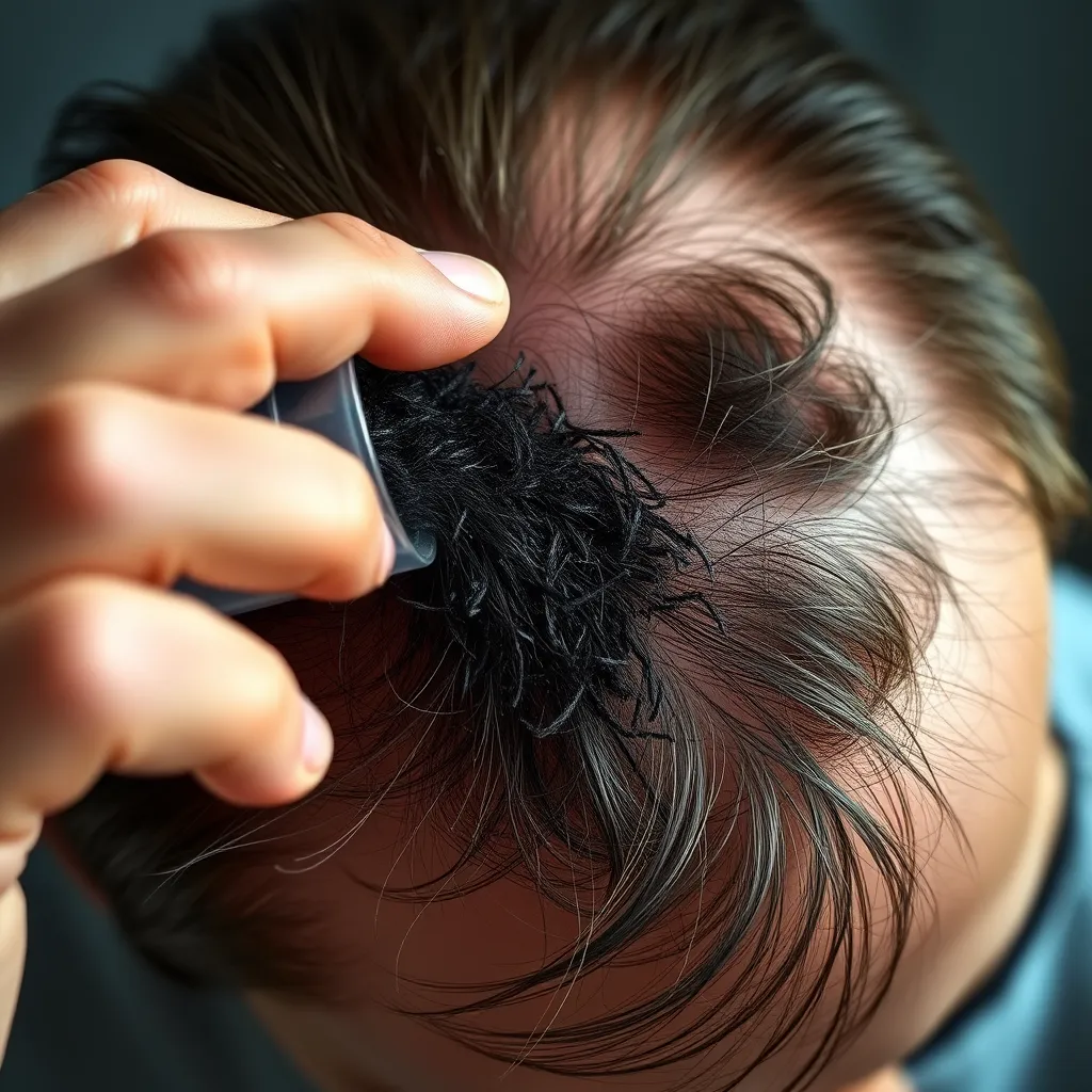 A detailed close-up of a person's head with thinning hair, showing a hand holding a hair fiber container and shaking dark-colored fibers over the bald spots. The surrounding hair appears healthy, with a clear focus on the scalp and fibers in mid-air.