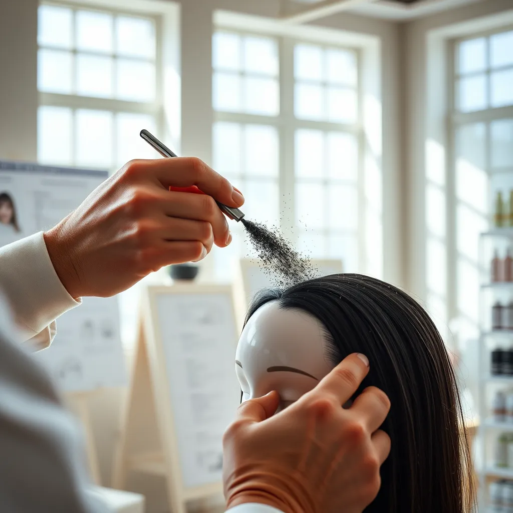 A detailed instructional scene of a professional demonstrating the application of hair fibers on a mannequin head. The space is well-lit with natural light streaming through large windows, casting soft shadows. The color palette includes calming whites and soft pastels, creating a serene learning environment. The instructor applies dark, finely ground hair fibers using a small, precise tool, ensuring an even distribution to blend seamlessly with the hair. The camera angle is a close-up from a slight side perspective, focusing on the hands and the application area. The textures of the tool, hair fibers, and mannequin hair are highlighted with fine detail. The background includes instructional charts and shelves with hair products for context. Style reference: in the style of Irving Penn. Technical specifications: 8K resolution, hyperrealistic, ultra-detailed.