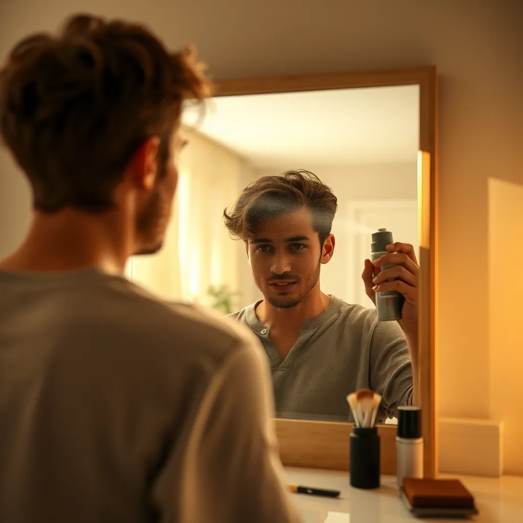 A serene home setting where an individual is performing routine maintenance on their hair fibers in front of a well-lit vanity mirror. The light is soft and warm, coming from a combination of natural sources and soft overhead fixtures. The color palette of the scene features warm beiges, light woods, and gentle greenery, creating a restful and reassuring mood. The individual is focused on carefully retouching hair fibers using a specialized spray, with a gentle, concentrated expression. The camera angle is a medium shot from behind and slightly above, capturing the individual's reflection in the mirror. The textures of natural hair and fibers are captured in high detail, with particular attention to the fine spray mist settling uniformly. Various grooming tools are neatly arranged on the vanity. Style reference: in the style of Richard Avedon. Technical specifications: 8K resolution, hyperrealistic, ultra-detailed.