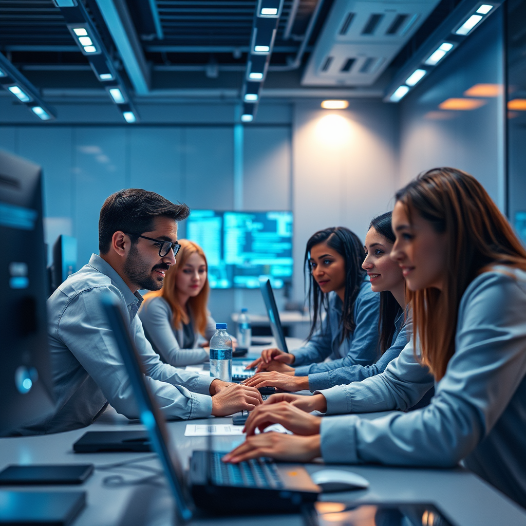 Create a photorealistic, ultra-high quality image showcasing the essence of 'AI SOFTWARE CREATOR'. The composition should feature a futuristic workspace with a diverse group of developers collaborating on AI-driven projects. Soft, ambient lighting should illuminate the room, with a color palette of sleek blues and metallic silvers. The camera angle should be slightly elevated, capturing the depth of the workspace and the engaged expressions of the team. Elements like holographic interfaces, high-tech computers, and coding visuals should be included to amplify the theme of software development. This scene should evoke a sense of innovation and technology in 8K resolution with hyperrealistic detail.