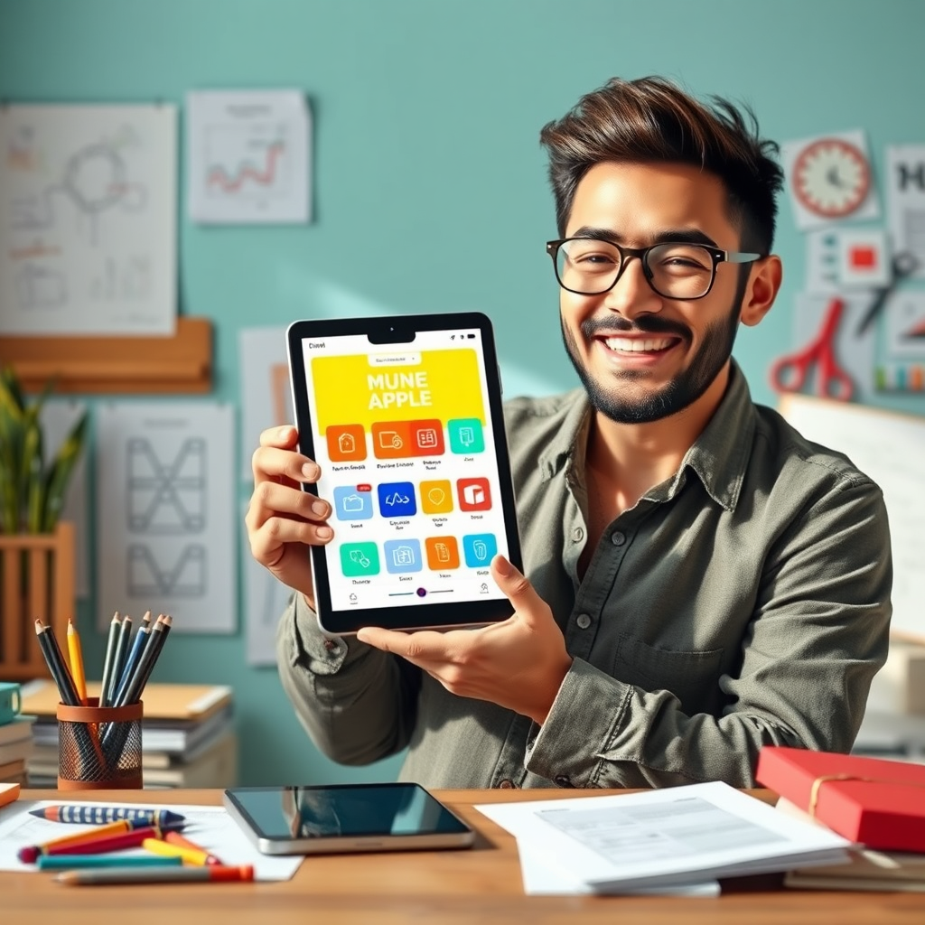 Create a vibrant scene where an entrepreneur proudly showcases their completed app on a digital tablet. Surround them with elements like sketches, design tools, and brainstorming materials that symbolize the journey from concept to creation. The lighting should be natural and bright, allowing the colors of the app and the enthusiasm of the entrepreneur to shine. Photorealistic detail should convey the satisfaction of realizing one’s vision using AI technology.