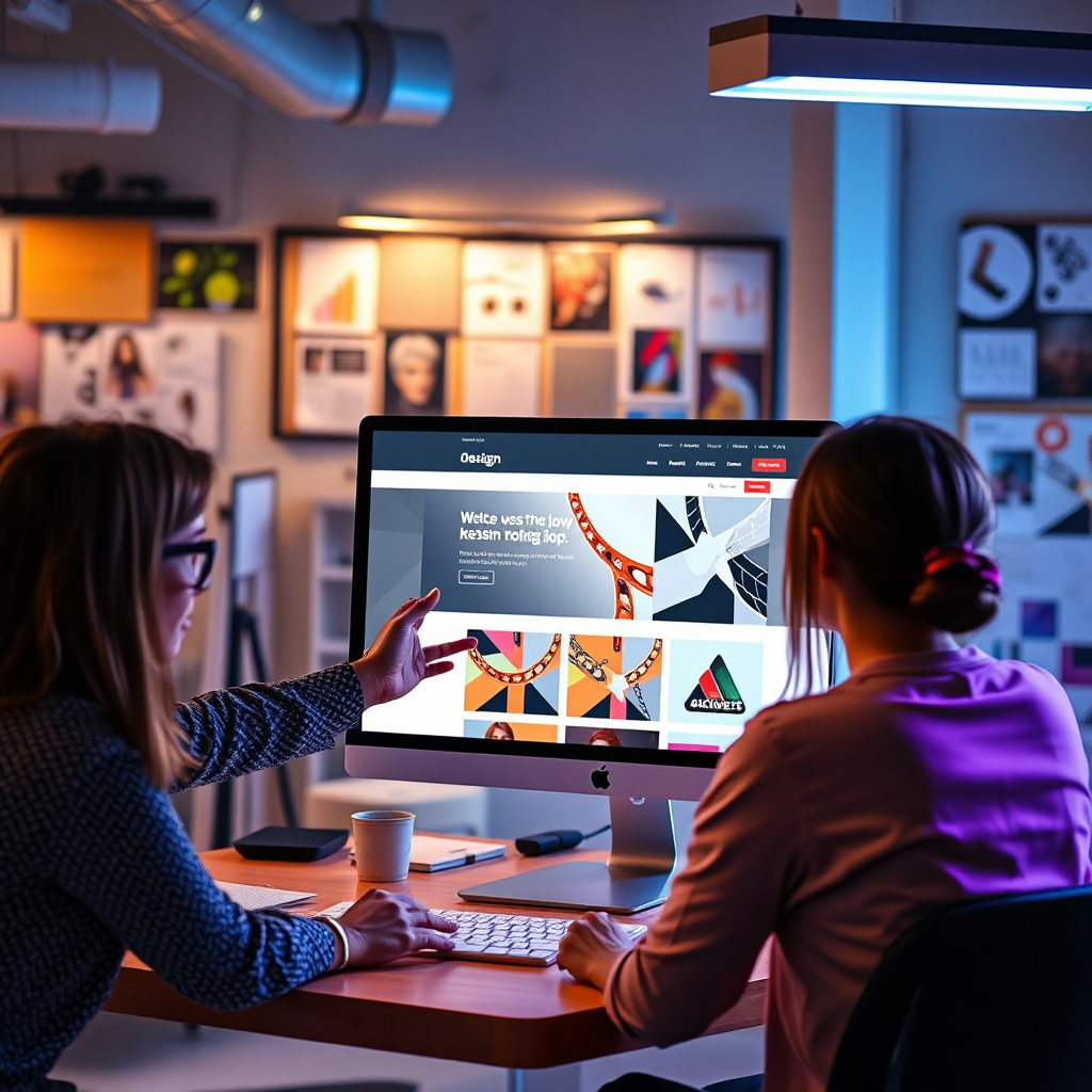 Create an engaging visual showcasing a designer presenting a website on a sleek, modern monitor to a client. The environment should be lively, with design tools and inspiration boards in the background. Bright colors and clean lines should be emphasized in the website display, invoking a sense of modern aesthetics. Lighting should be vibrant and inspiring, creating an atmosphere ripe for collaboration and creativity.