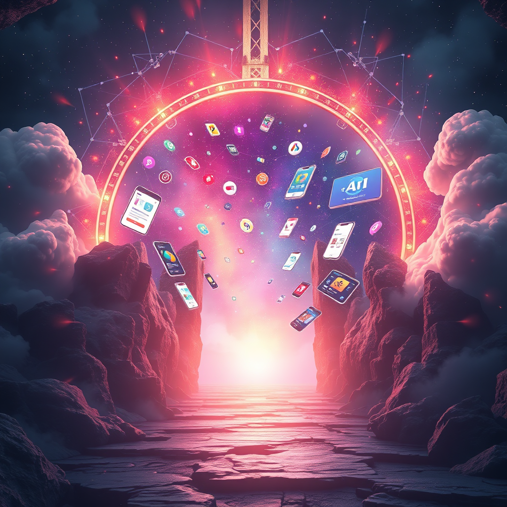Depict a conceptual image showing a digital gateway opening into vast opportunities, symbolizing endless potential with AI. The gateway should show vibrant visuals of apps and websites floating in midair, colorful and enticing. Use a mystical touch with light effects to create an illusion of depth and possibility. The composition should be engaging and imaginative, embodying the spirit of unlimited potential.