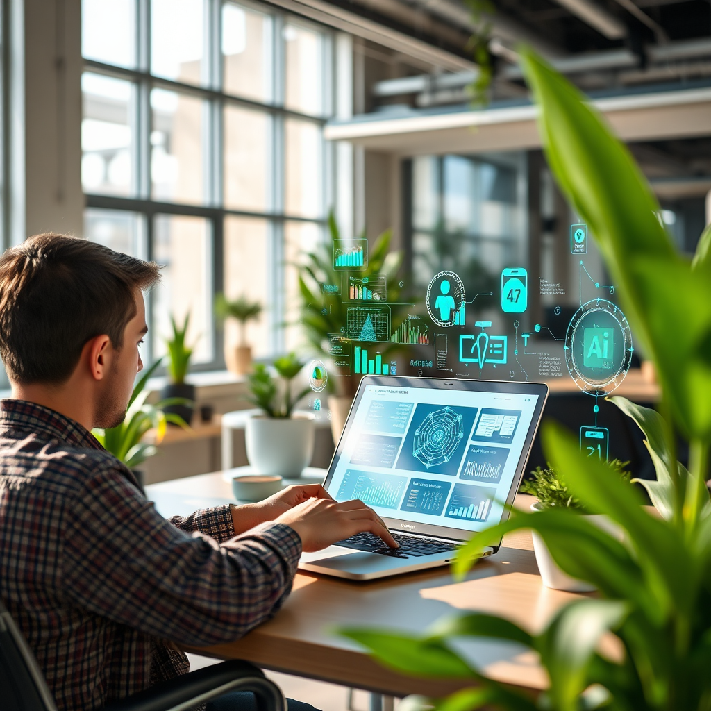 Design a captivating image representing the mission of 'AI SOFTWARE CREATOR' with a focus on AI-app and website development. The scene should depict a person using an advanced AI tool on their laptop, with vibrant graphics and data visualizations surrounding them. The environment is a modern office space with plenty of natural light, accented by plants to create a welcoming atmosphere. Color tones should include greens and blues for a sense of growth and technology. The image should be in 4K resolution, high quality, emphasizing the blend of creativity and technology.