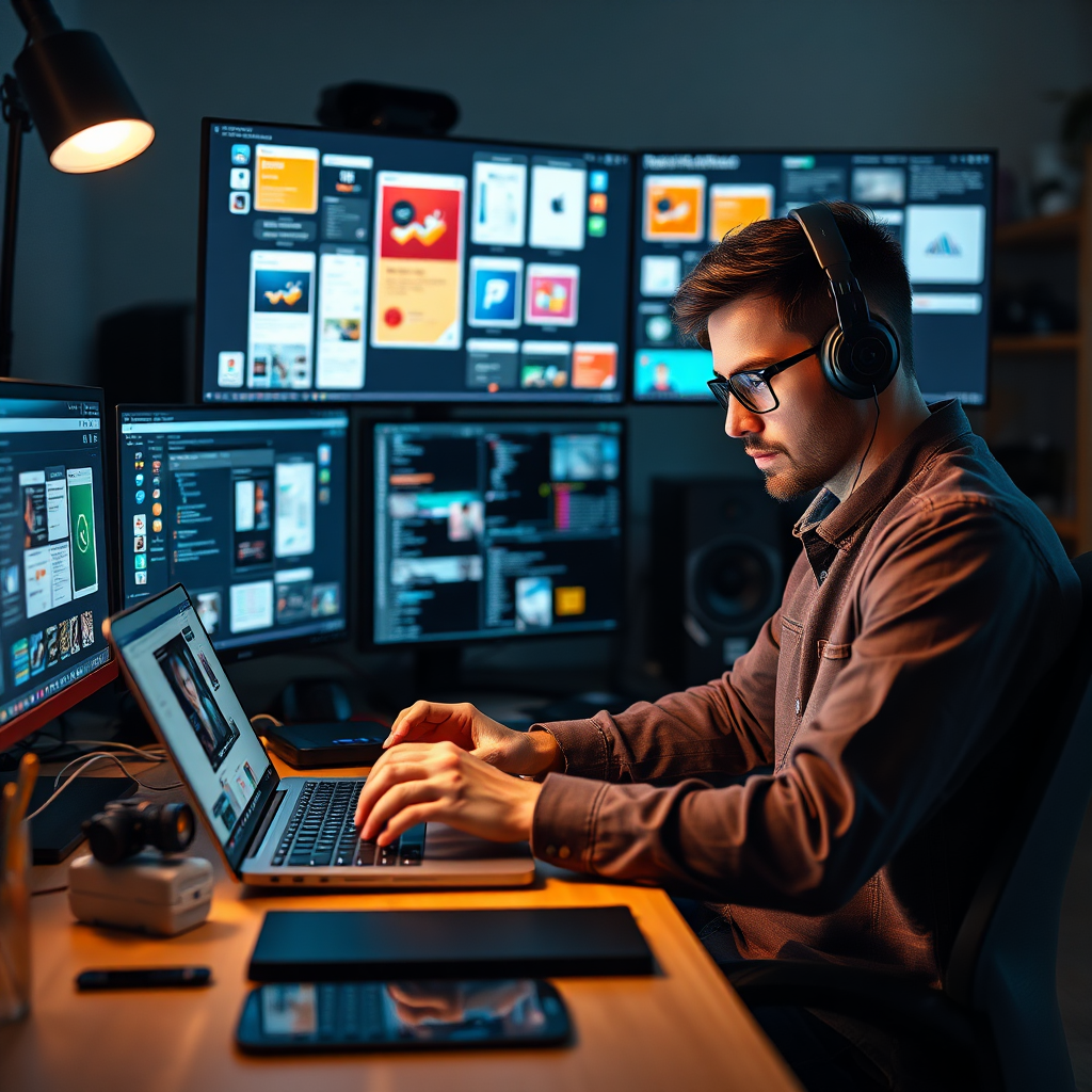 Design an image showing a developer working intensely on a laptop, with an array of app designs displayed on multiple screens surrounding them. The workspace should feel modern and organized, filled with smart gadgets and AI-enhanced design elements. Soft, focused lighting should highlight the developer's creativity as they navigate the development process. This high-quality image should symbolize the focused effort in creating amazing applications.