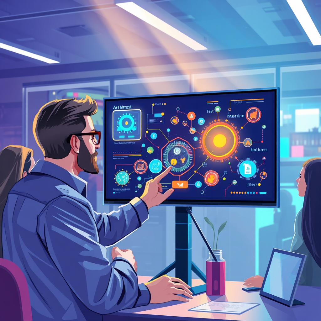 Illustrate a scene where a technical expert is showcasing AI integration possibilities on a digital screen, with lively discussions among team members in the background. The composition should feature colorful graphics representing data flow and AI interactions. Bright, dynamic lighting should enhance the atmosphere of innovation and technological advancement, capturing the excitement of AI solutions.
