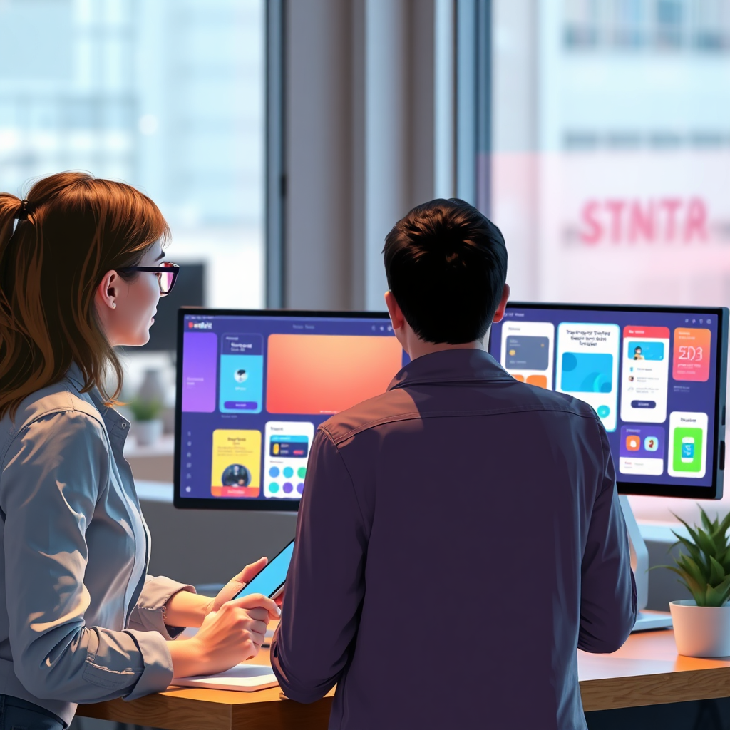 Illustrate the scene of a seamless collaboration between team members, as they discuss app features over a digital display of custom templates. The lighting should reflect a collaborative spirit with bright, engaging colors; use of colorful mockups on screens should encourage a creative dialogue. The scene should be photorealistic, emphasizing innovation and teamwork.
