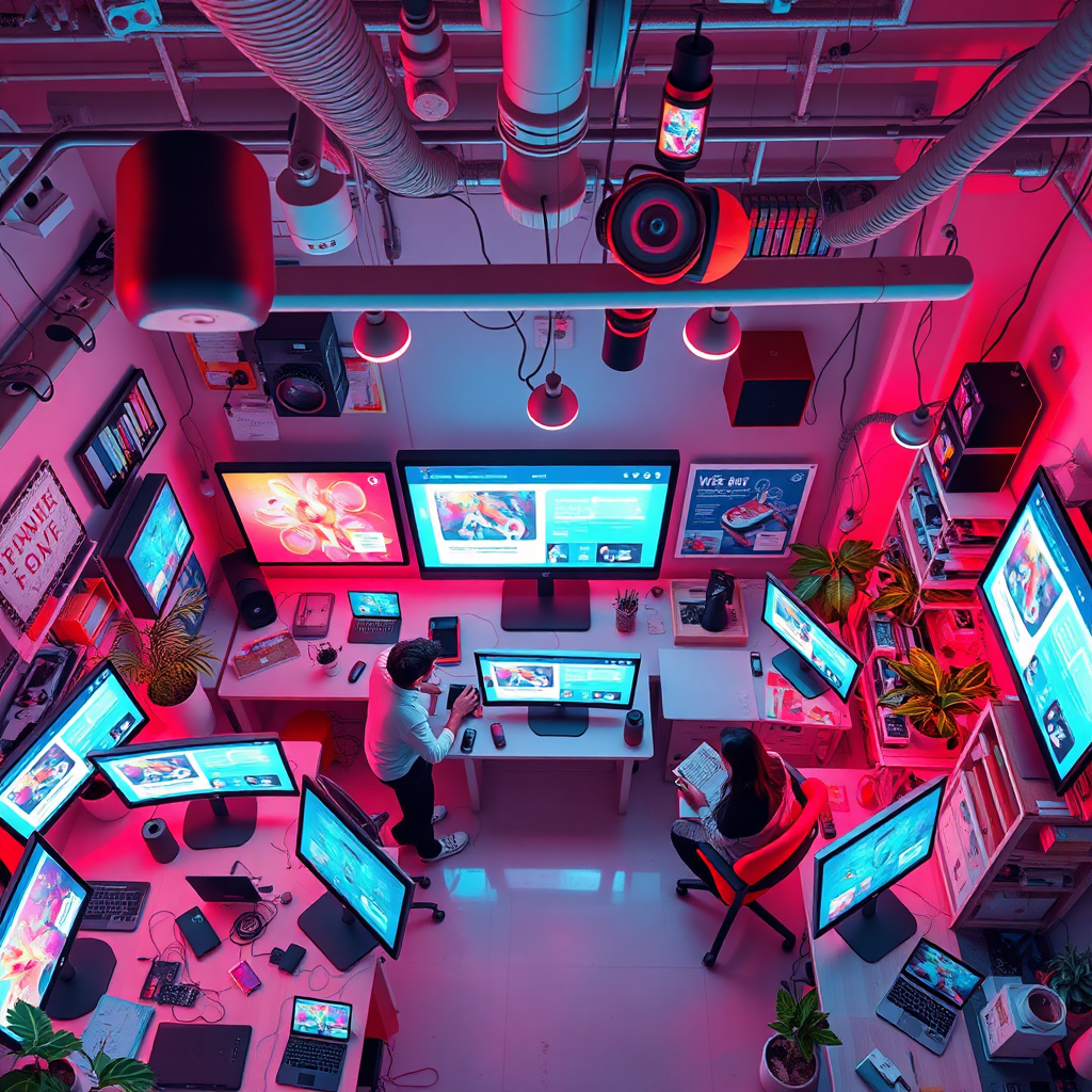 Imagine a creative workspace filled with dynamic elements, like animated screens displaying AI-generated artworks and websites. The lighting should be bright and energetic, with a color palette reflecting creativity—think vibrant reds, blues, and greens. Capture the scene from above, showcasing the collaborative effort of developers and designers, illustrating their interaction with the tools. The image should be photorealistic, highlighting how easily AI empowers users to achieve their creative visions.