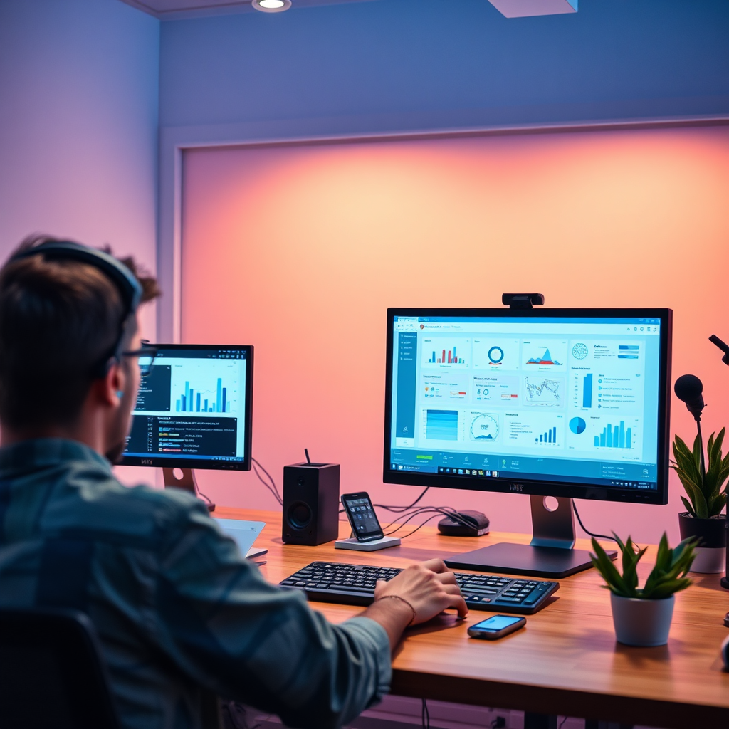 Visualize a modern workspace where developers are engaging with intuitive AI tools on their computers. The image should show a clear workflow being presented on a screen, with animated graphs and workflow diagrams in the background. The color palette should balance cool tech blues with warm, inviting tones for a sense of productivity and comfort. The camera angle could be over the shoulder, capturing the intuitive interface in use clearly in photorealistic quality.