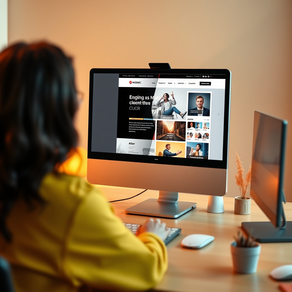  Visualize a transformative scene where a business owner sees their newly created website taking shape on a computer screen. The background should portray before-and-after states of online presence, with dull designs transitioning into bright, engaging visuals. Use warm colors to evoke excitement about digital transformation and enhance connections with users. The image should be photorealistic, featuring a workspace that feels inviting and creative.