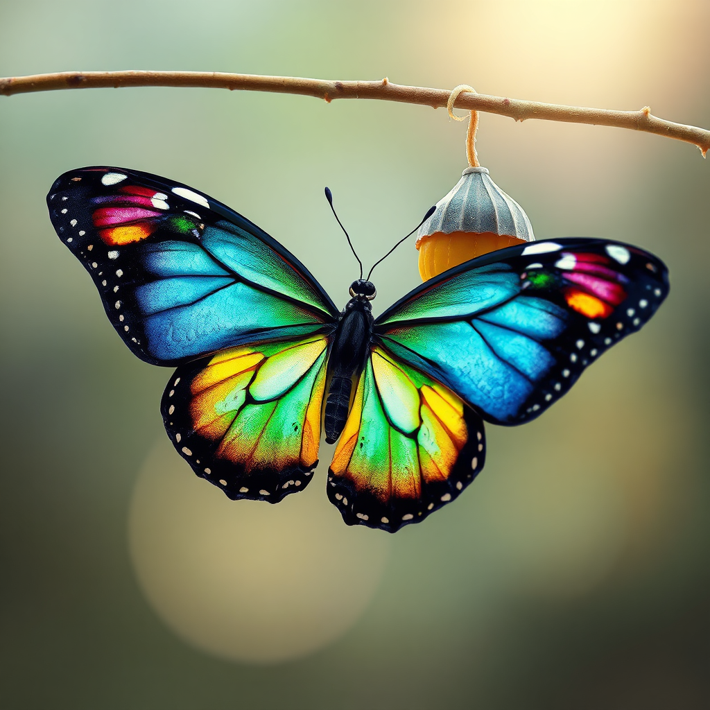A butterfly emerging from a chrysalis, symbolizing transformation. The butterfly is brightly colored and beautiful. The background is a soft and blurred. Color palette: a range of vibrant colors, with a focus on blues, greens, and yellows. Technical specs: 8K resolution, photorealistic.