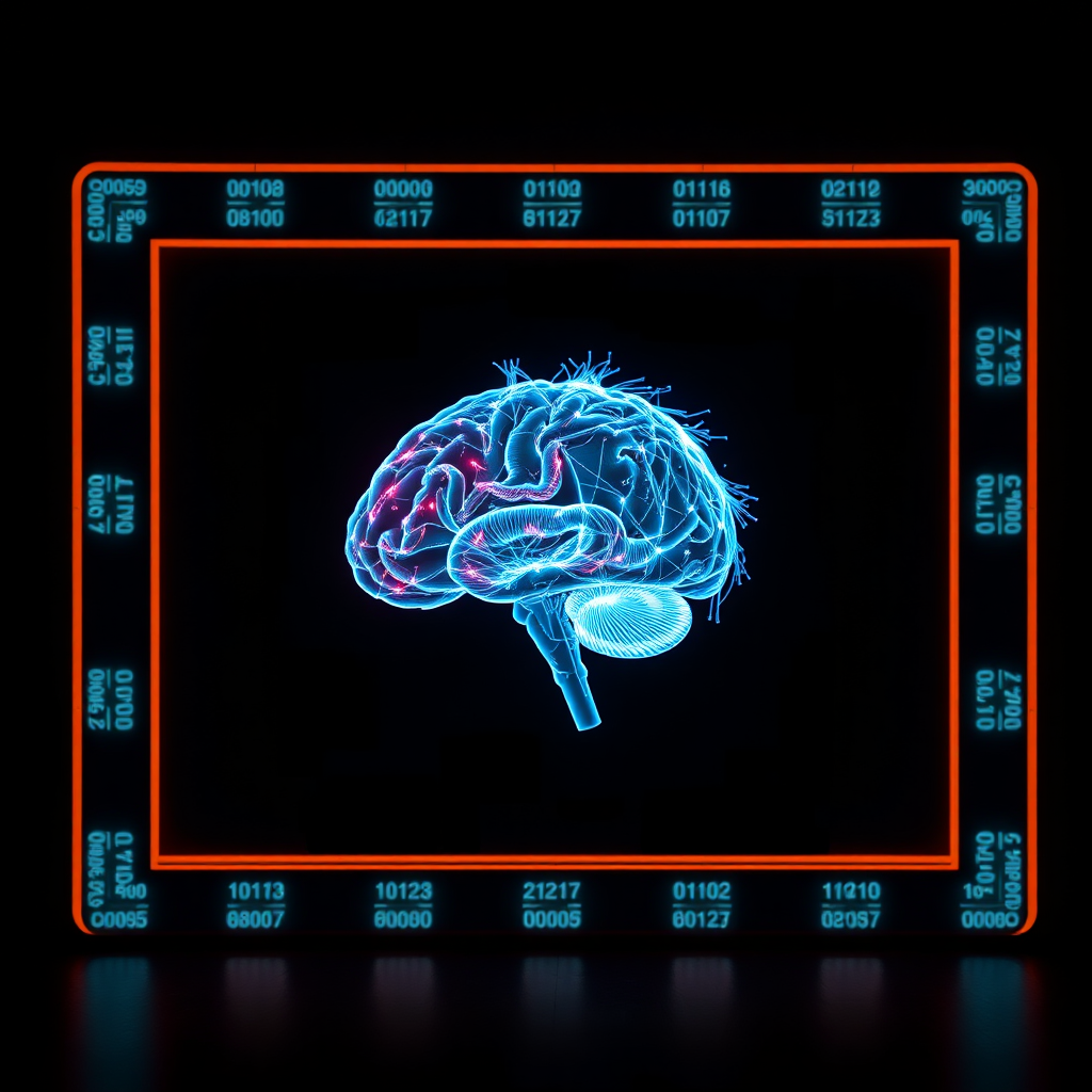 A digital display showing a code unraveling to reveal the image of Einstein's brain. Use of futuristic elements to convey a sense of discovery. Dark background, bright colors.