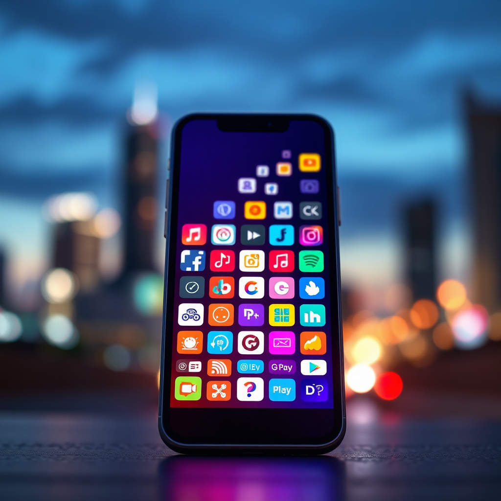 A hyperrealistic, 8K resolution image showcasing the vibrant world of mobile applications. The composition centers around a stylized smartphone displaying a mosaic of app icons representing various categories: games, educational tools, and entertainment platforms. Light emanates from the screen, casting a soft glow on the surrounding environment. The background features a blurred cityscape at dusk, symbolizing the global reach of mobile technology. The color palette is a blend of vibrant primary colors and soft pastels, creating a visually appealing and dynamic scene. A subtle bokeh effect adds depth and realism. The camera angle is a slightly low-angle shot, emphasizing the smartphone's importance and impact. The texture details are meticulously rendered, from the sleek glass of the screen to the metallic edges of the phone. Style references include contemporary app design trends and cinematic lighting techniques. The overall feeling is innovative, exciting, and financially rewarding.