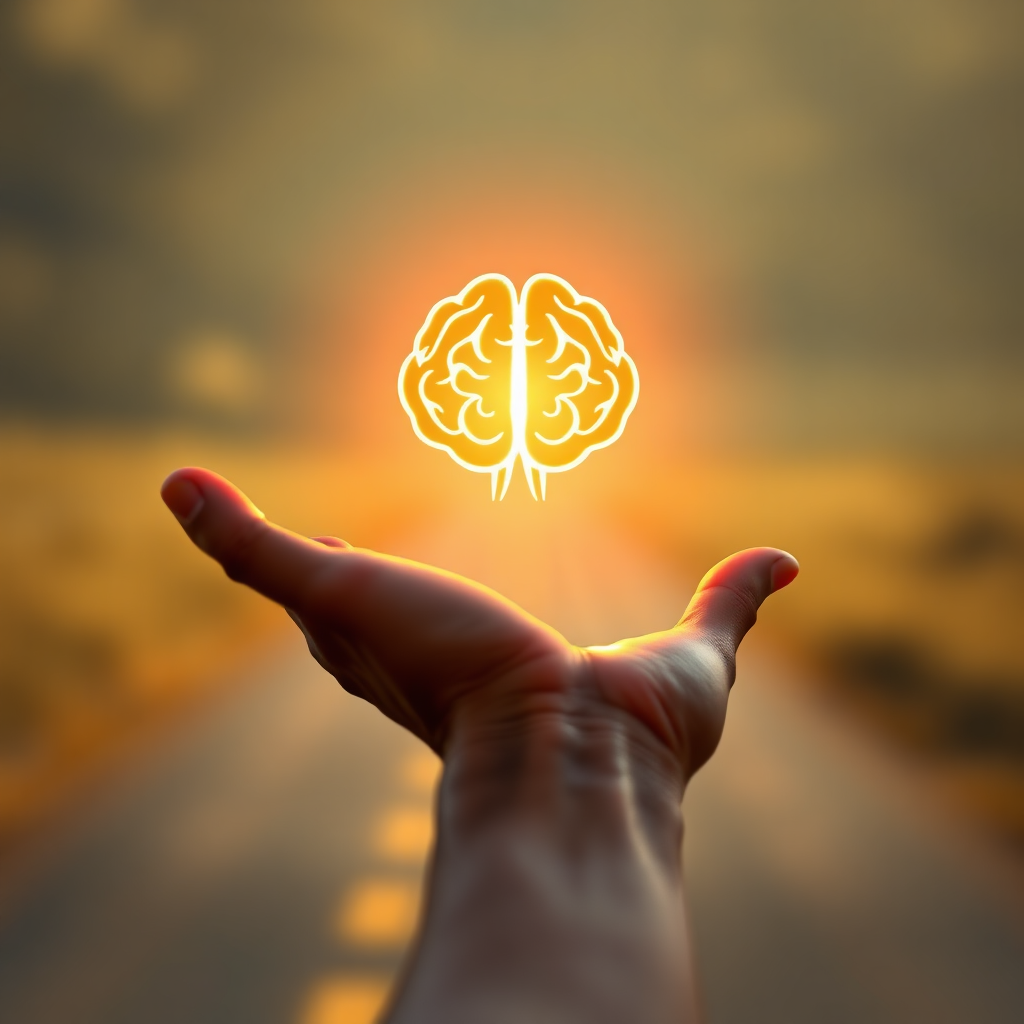A person reaching towards a bright, glowing brain icon with outstretched fingers. The background is blurred and represents a path. The overall mood is hopeful and inspiring. Color palette: warm colors like gold, orange, and yellow. Technical specs: 8K resolution, photorealistic.