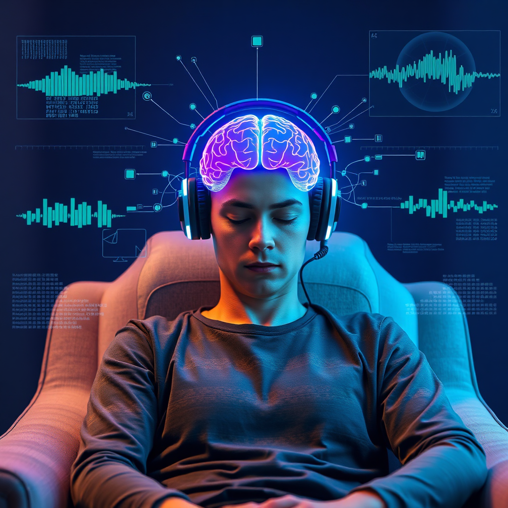 A person sitting in a comfortable chair, wearing a brain-sensing headset. Data streams and visualizations are overlaid, showing their brain activity. The person appears calm and focused. Color palette: cool colors like blue and purple, with highlights of green. Technical specs: 8K resolution, photorealistic.