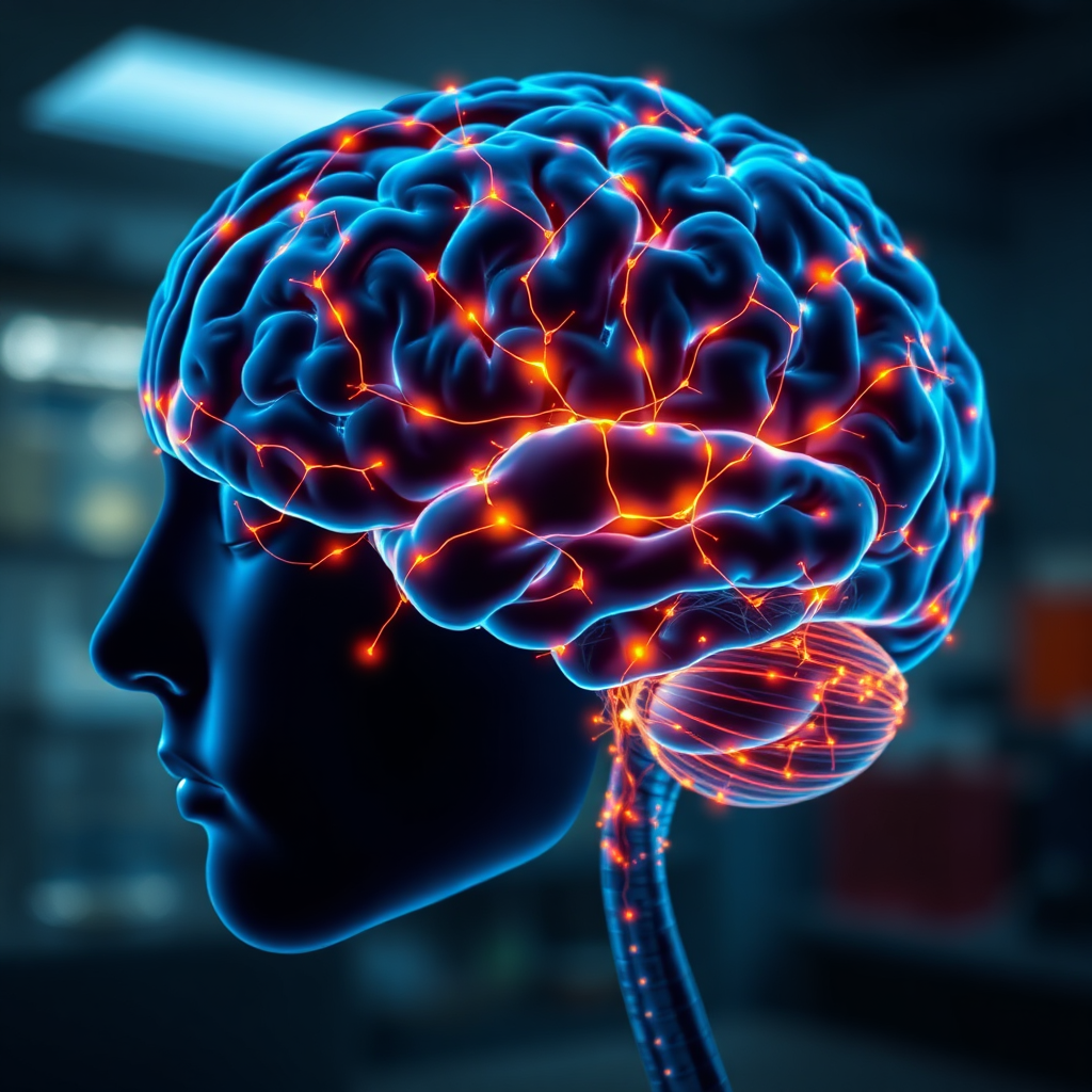 A photorealistic close-up of a human brain illuminated with interconnected, glowing neural pathways. Highlight specific areas associated with creativity and problem-solving. Use a color palette of deep blues and vibrant oranges to represent neural activity. The background should be a blurred image of a scientific laboratory. The lighting should be focused on the brain, creating a sense of mystery and discovery. 8K resolution, hyperrealistic.