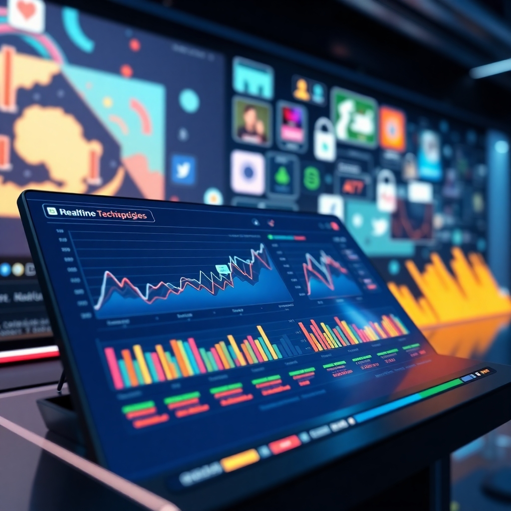 A photorealistic image depicting a futuristic, interactive dashboard displaying real-time data on website traffic and social media engagement, showcasing rapid growth. The dashboard should be sleek and modern, with vibrant colors. In the background, stylized visualizations of viral content spreading across various social media platforms should be visible. The overall mood should be dynamic and engaging.