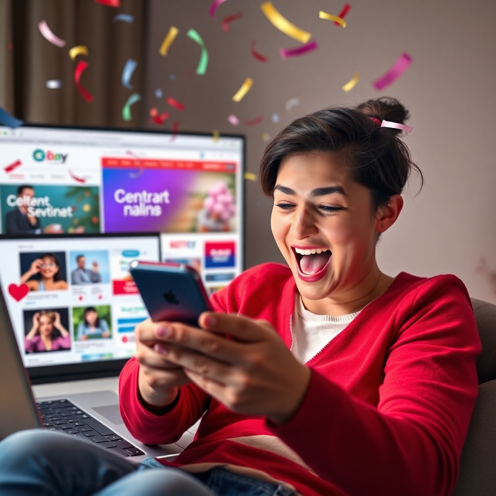 A photorealistic image depicting a person excitedly looking at their phone, showing a notification of a sweepstakes win or a reward confirmation. Confetti and celebratory elements should surround them, while in the background, various websites or apps related to sweepstakes and rewards programs are subtly visible on a laptop screen.  The overall mood should be joyful and celebratory.